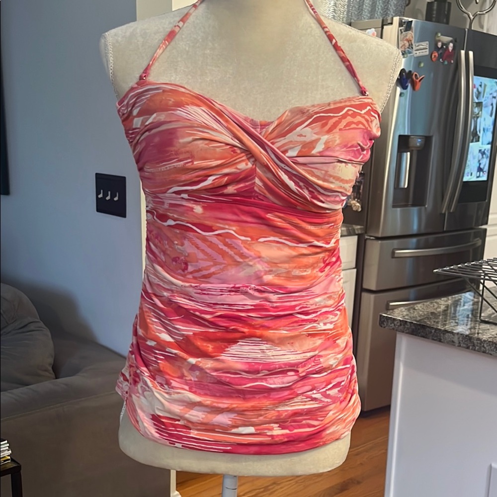 Ralph Lauren Pink and Orange Ruched Tie Front Swim Tank Suit